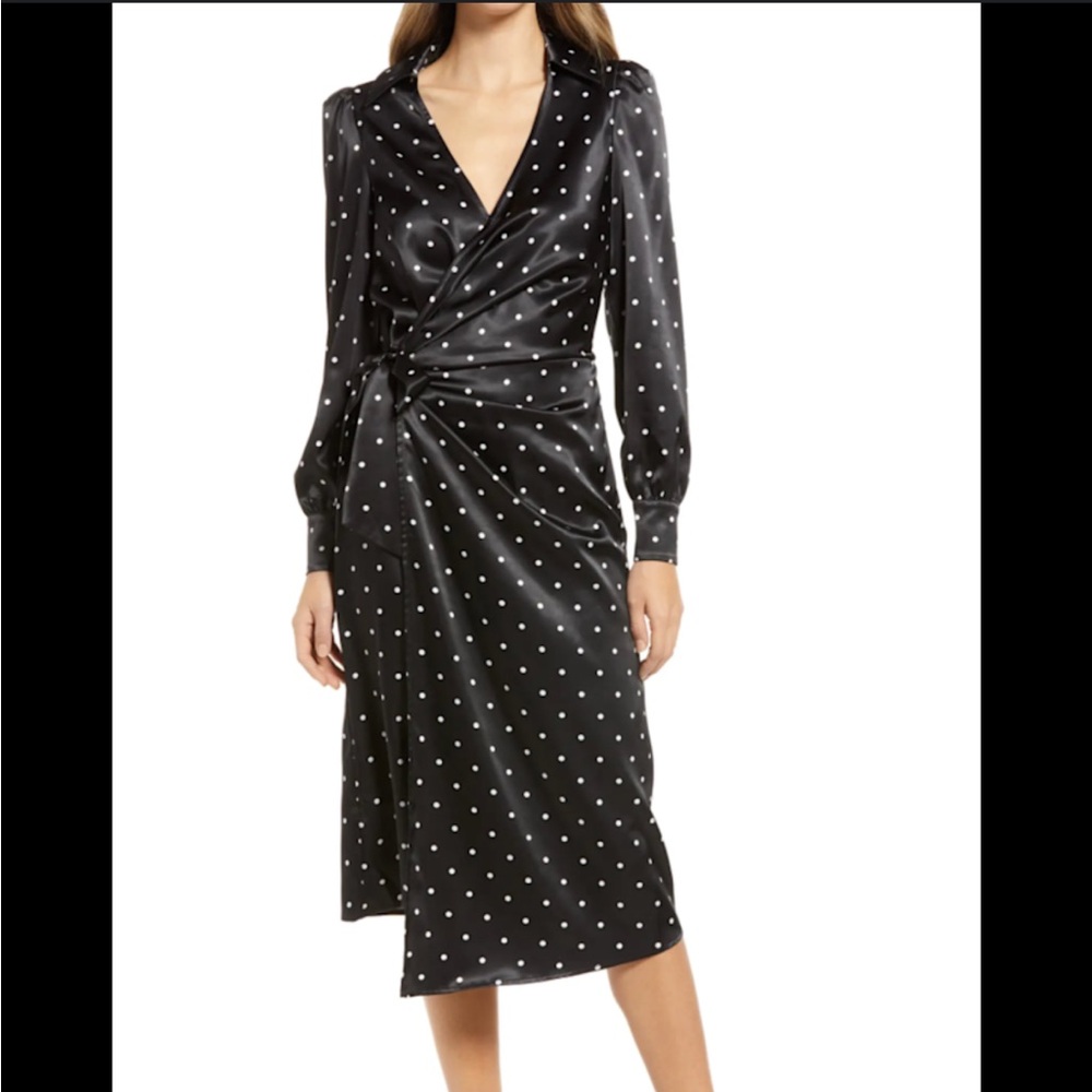 Black and White Ruched Wrap Dress with Bishop Sleeves